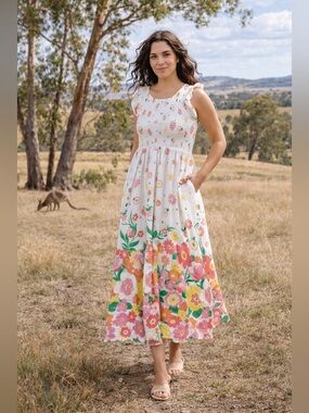 Mr. Zimi Abbie Floral Viscose Smocked Bodice Maxi Dress White Multicolor Size 10